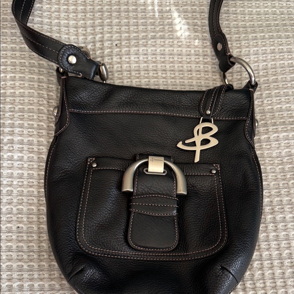 b. makowsky Black Leather Shoulder Bag with Silver Accents